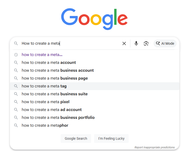 Google autocomplete for Meta creation